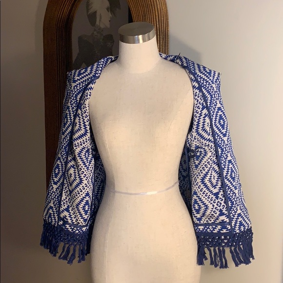 J. McLaughlin Blue White Fringe Trim Blazer - Picture 5 of 6